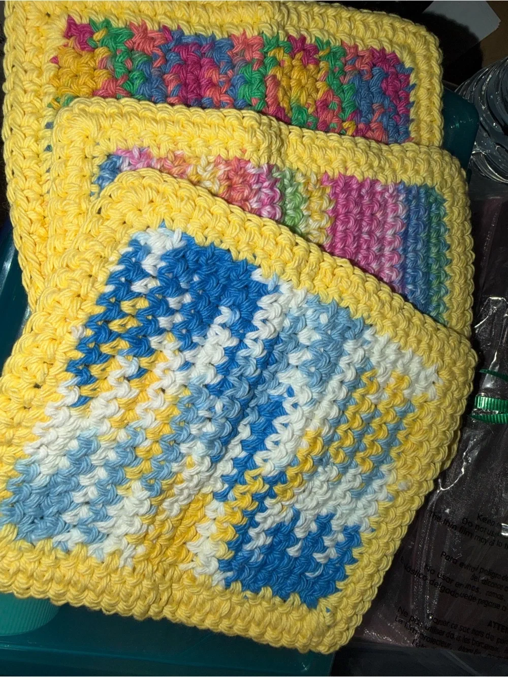 Handmade Yellow-Trim Crochet Washcloths 5x7
